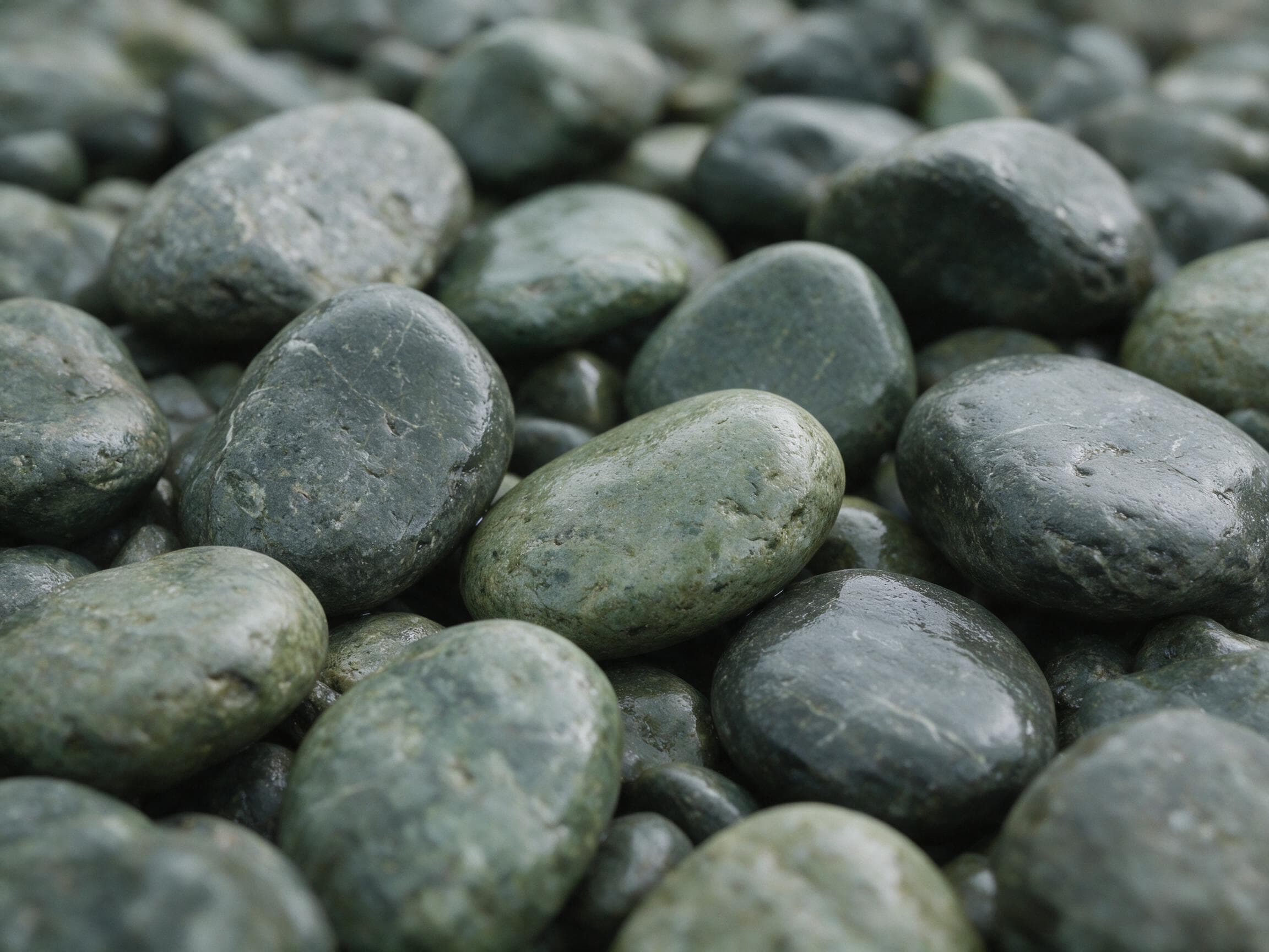 Smooth wet river stones in cool grey and muted green